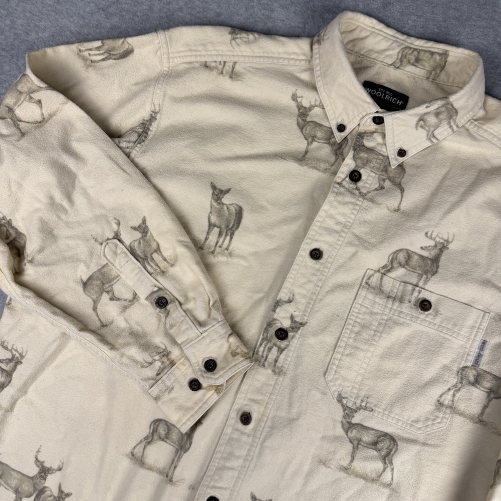 VTG Woolrich Birch Deer Sketch Men's Large Flannel Button Down Shirt AOP Heavy